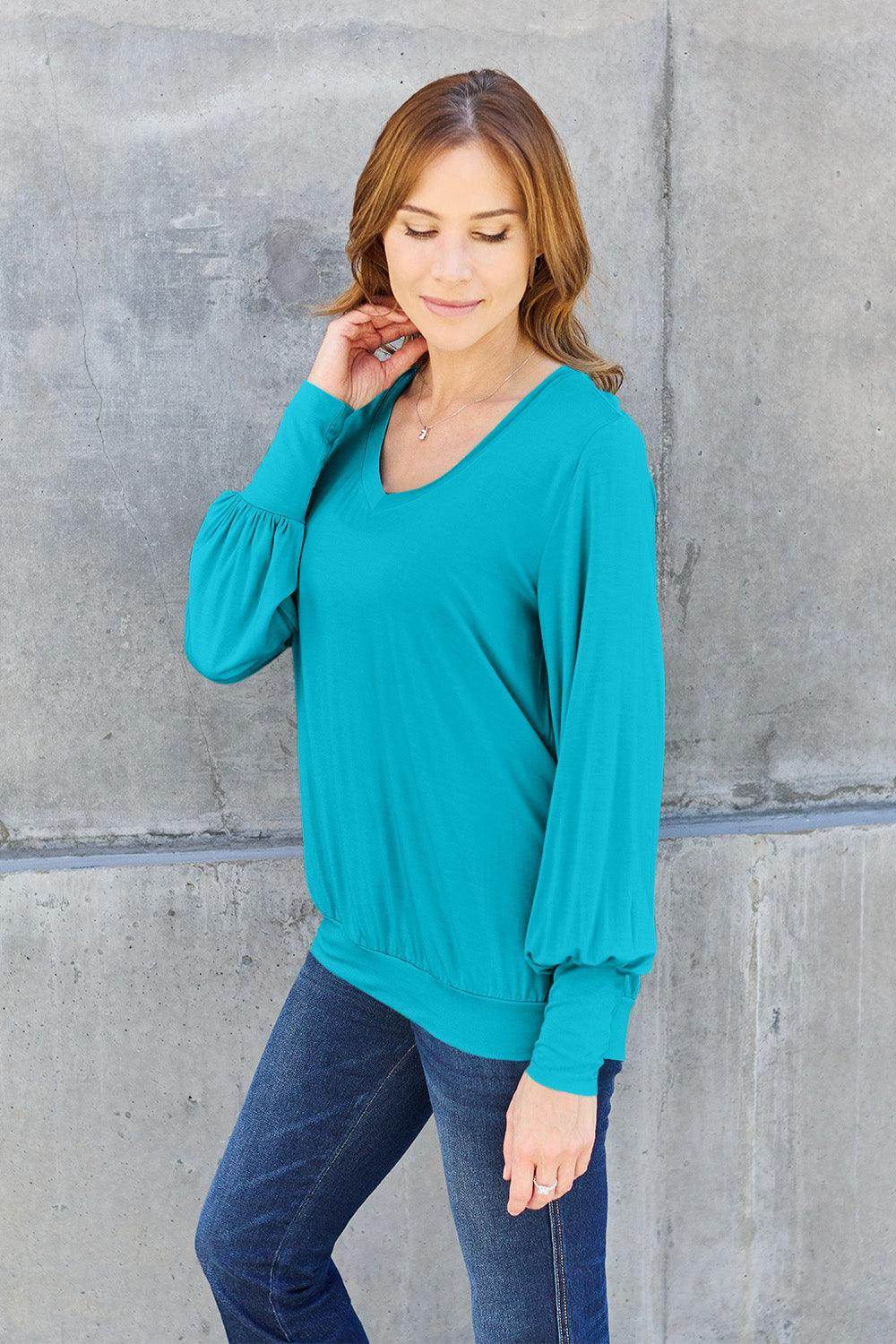 Basic Bae Full Size V-Neck Lantern Sleeve Top for Women - n/a at Dealshubindia