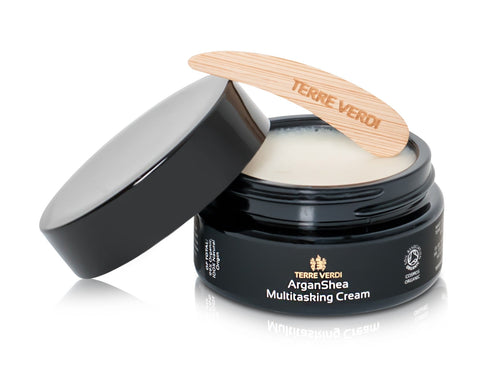 Terre Verdi ArganShea multitasking cream jar with open dark lid, visible light balm