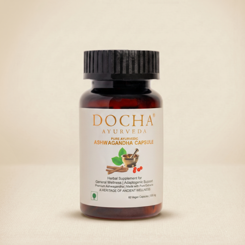 Ashwagandha supplement capsule bottle with black ribbed cap, DOCHA label