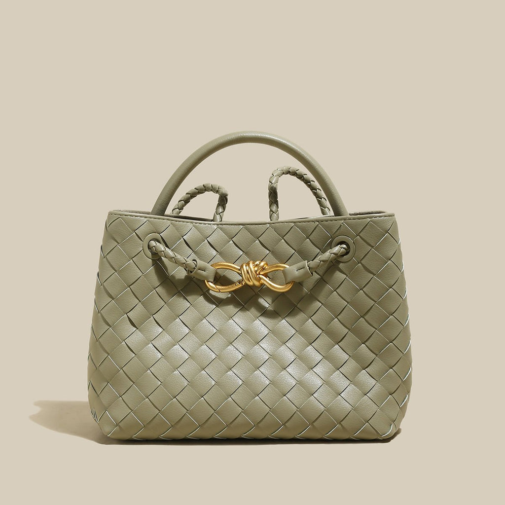 Avocado Woven Tote Bag – Structured Braided Handbag with Gold Knot Closure & Convertible Strap - Totes at Dealshubindia