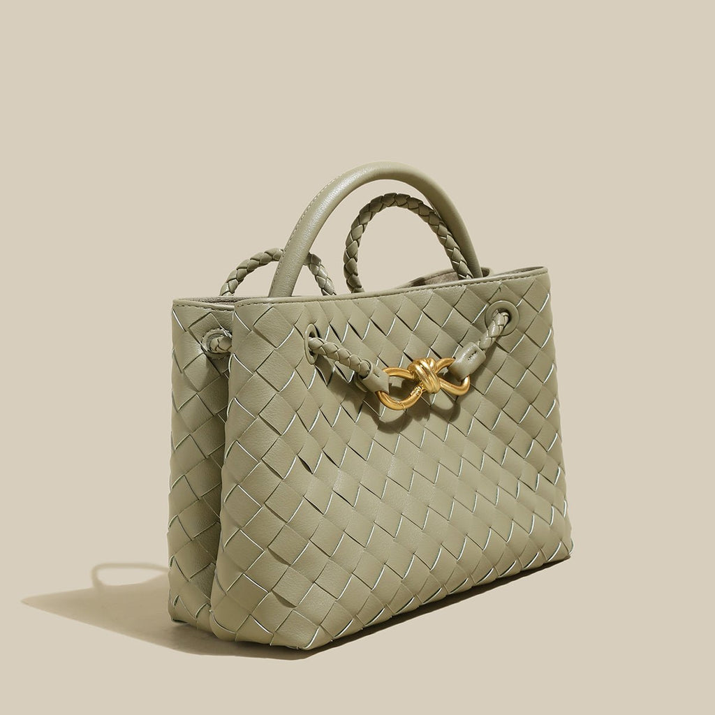 Avocado Woven Tote Bag – Structured Braided Handbag with Gold Knot Closure & Convertible Strap - Totes at Dealshubindia