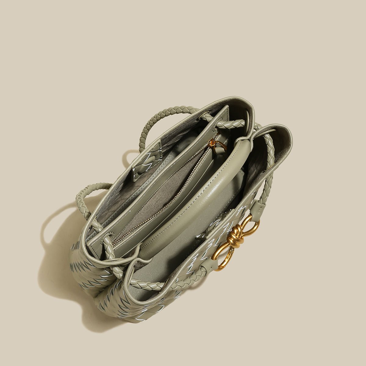 Avocado Woven Tote Bag – Structured Braided Handbag with Gold Knot Closure & Convertible Strap - Totes at Dealshubindia