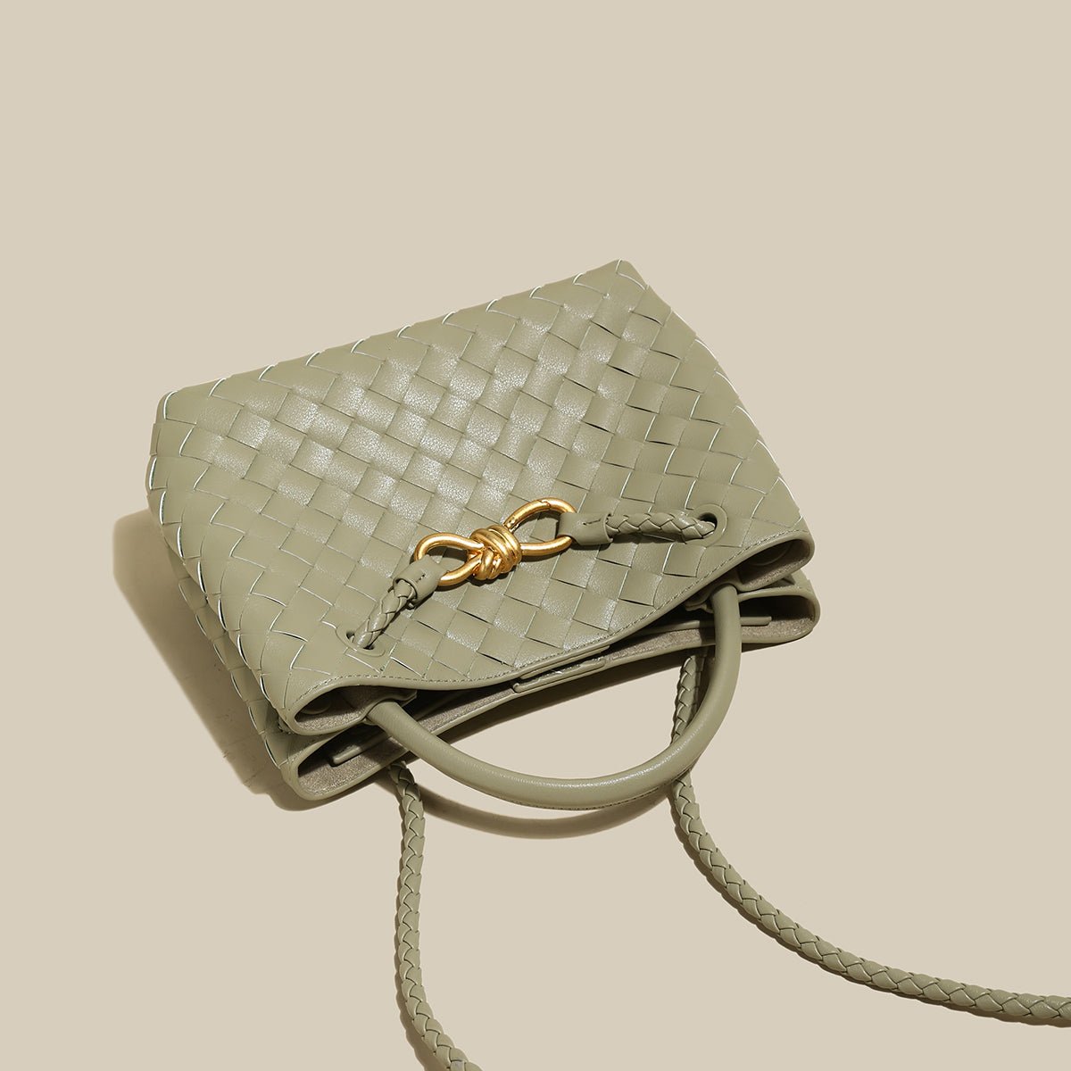 Avocado Woven Tote Bag – Structured Braided Handbag with Gold Knot Closure & Convertible Strap - Totes at Dealshubindia