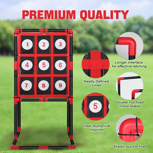 Red and black baseball strike zone target with 3x3 numbered pocket squares