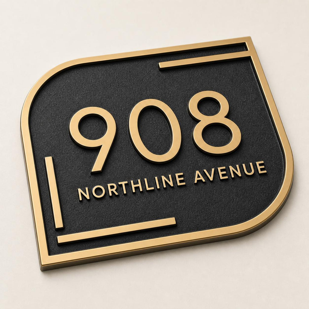 Personalized Address Plaque – Antique Brass Modern Asymmetric