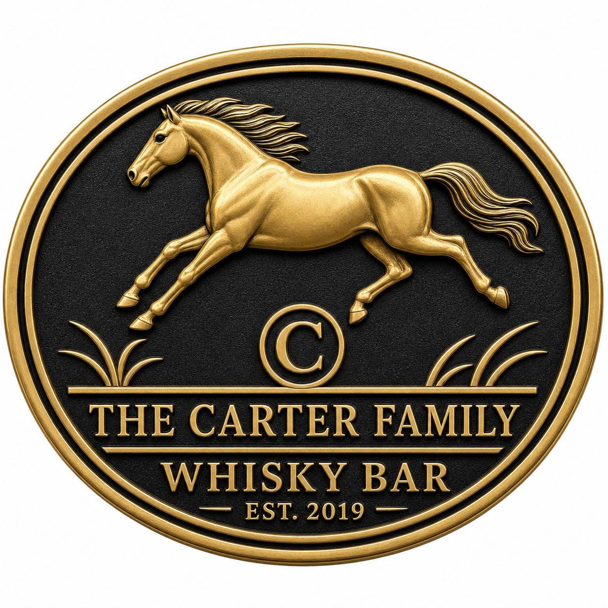 Personalized Home Bar Sign – Antique Brass Running Horse, Oval