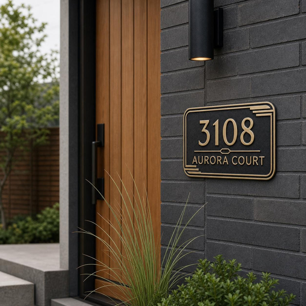 Personalized Address Plaque – Antique Brass Streamline Moderne