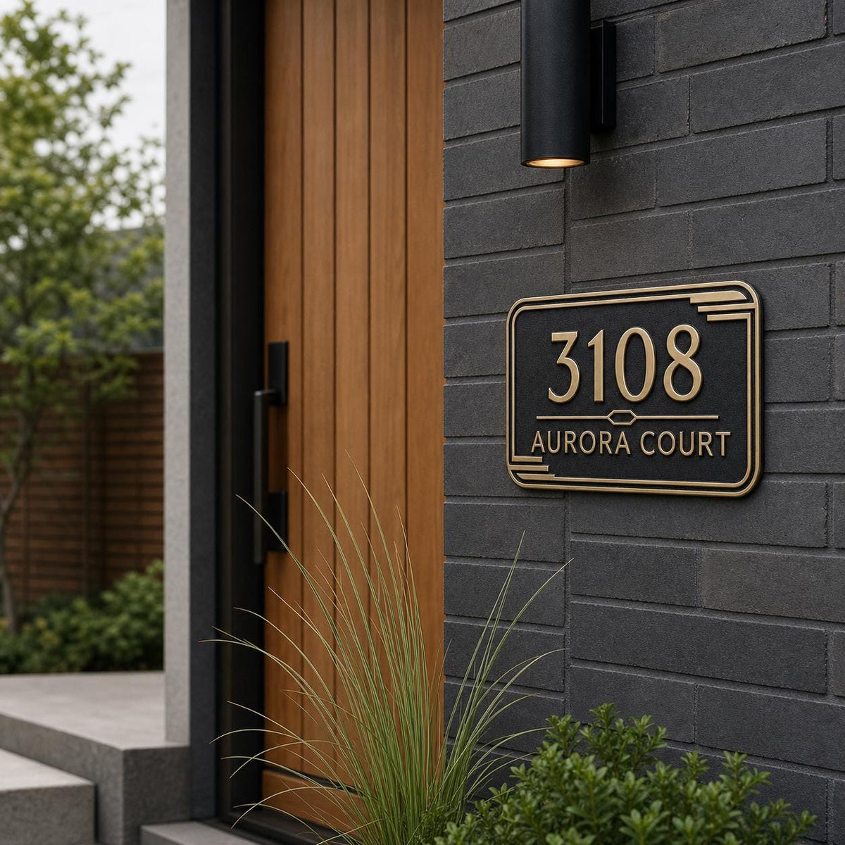 Personalized Address Plaque – Antique Brass Streamline Moderne