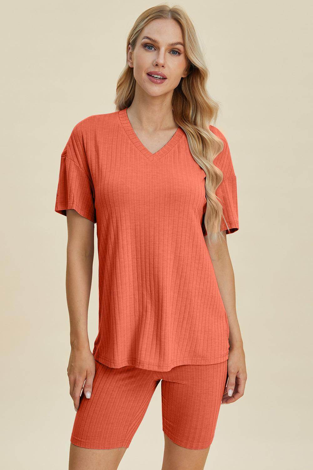 Basic Bae Full Size Ribbed V-Neck Top and Shorts Set For Women - n/a at Dealshubindia