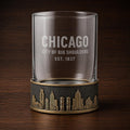 Personalised Laser Etched Brass Base Whiskey Glass | Custom Text/Name Glasses | Chicago Skyline Glass