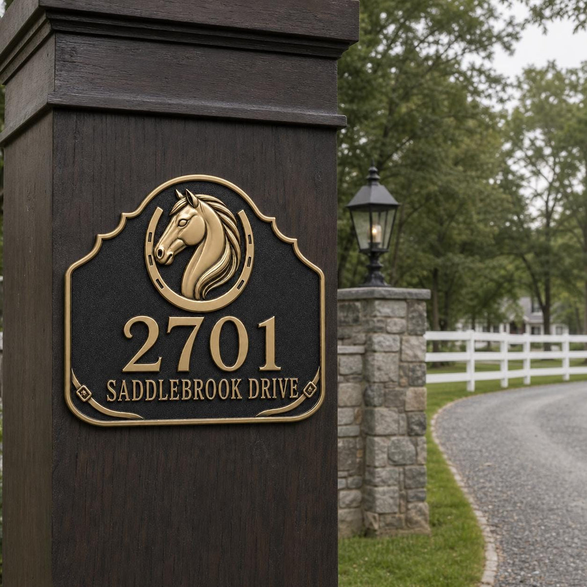 Personalized Address Plaque – Antique Brass Horse and Horseshoe