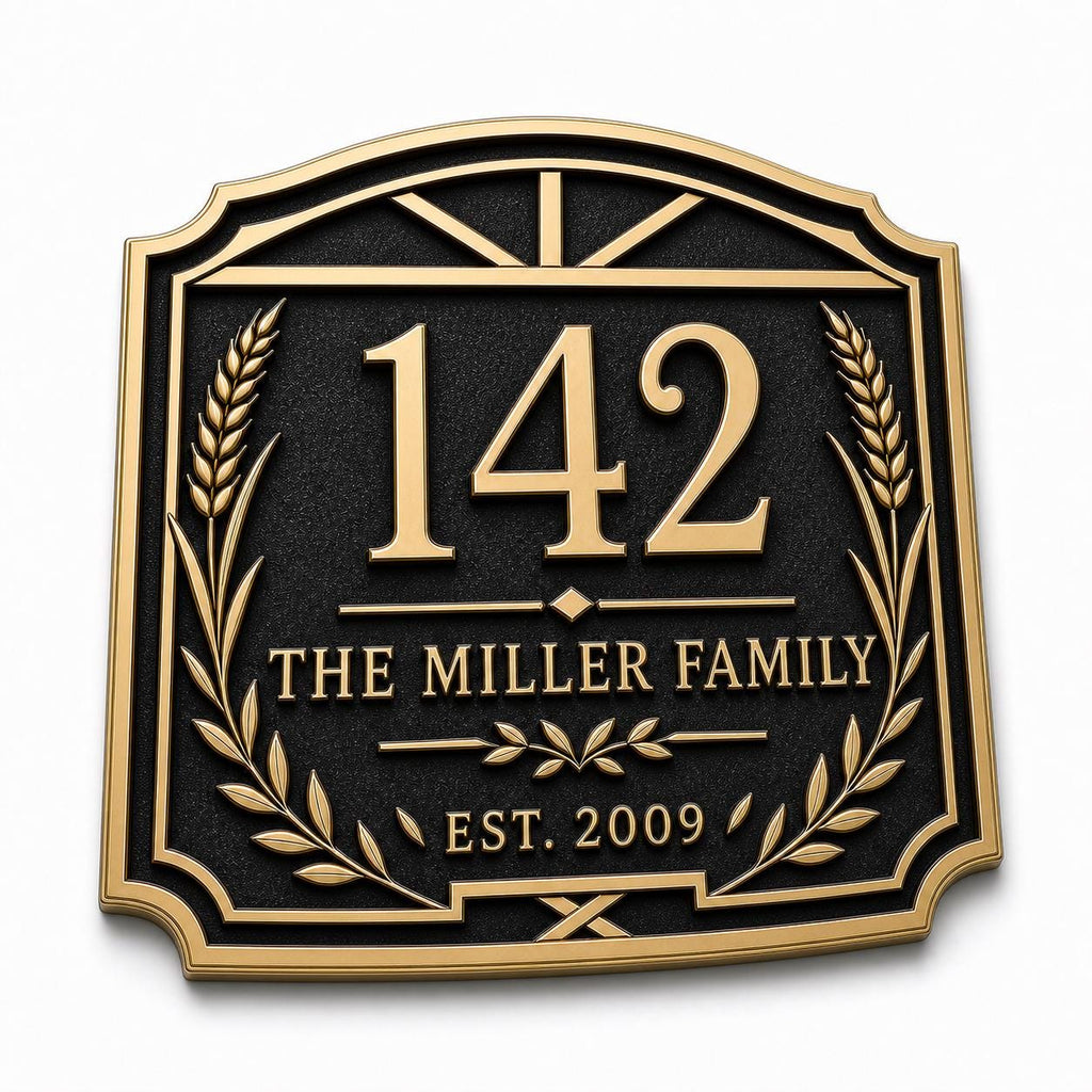 Wheat and Laurel Gable Plaque in Antique Brass