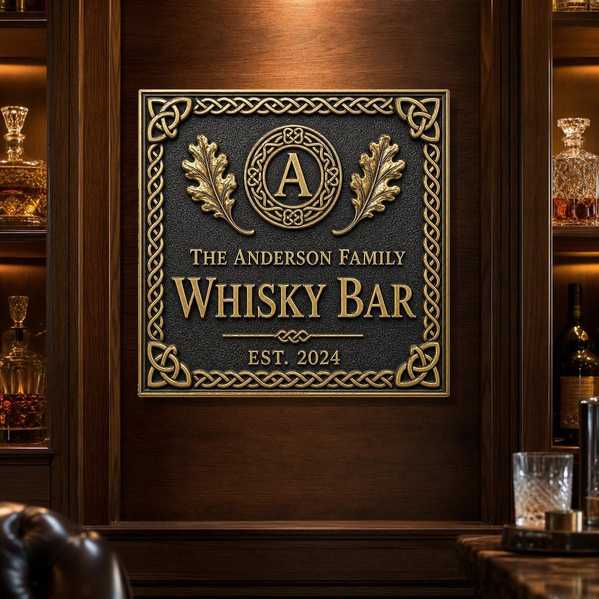 Personalized Home Bar Sign – Antique Brass Celtic Knot, Square