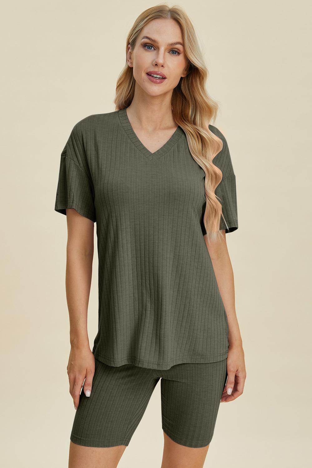 Basic Bae Full Size Ribbed V-Neck Top and Shorts Set For Women - n/a at Dealshubindia