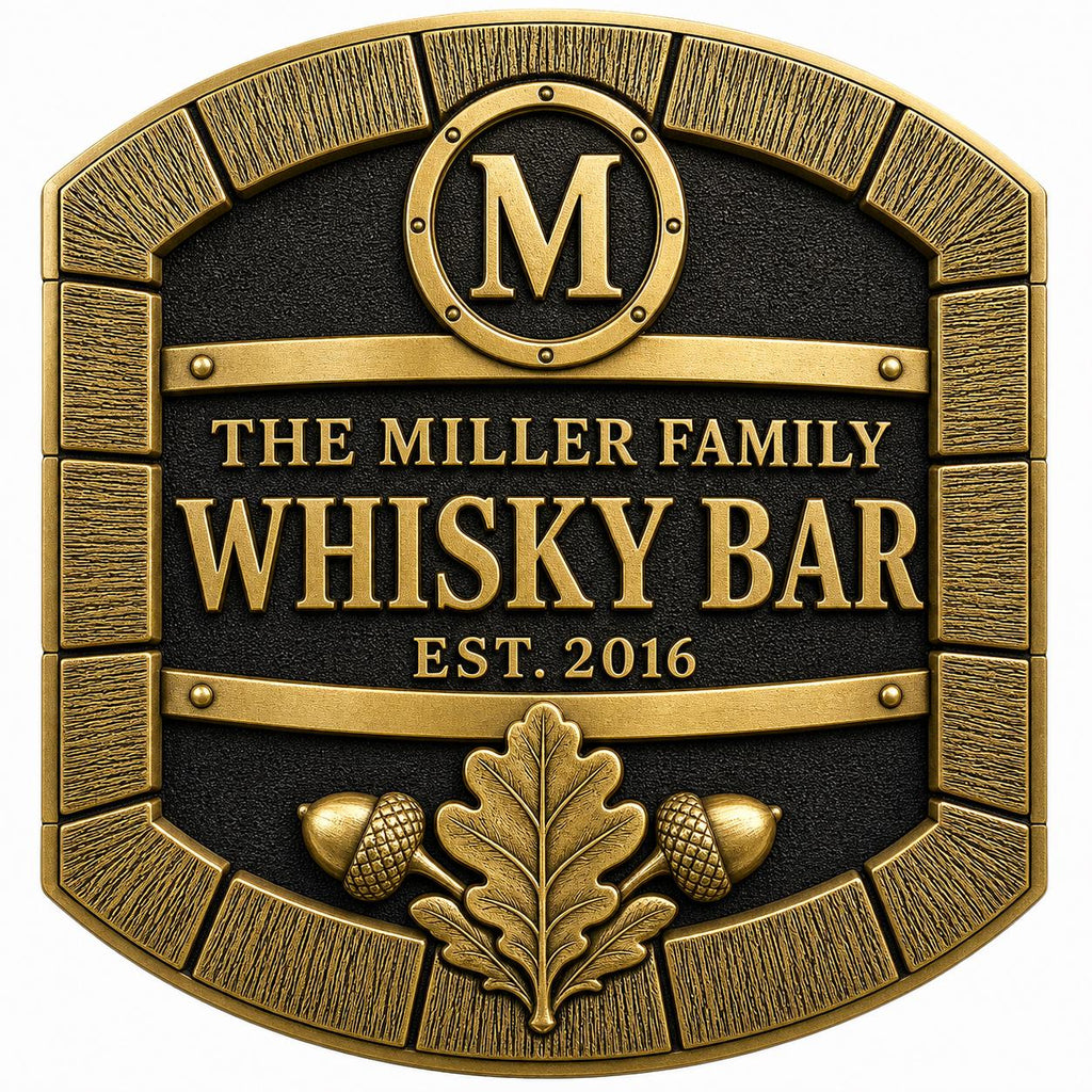 Personalized Home Bar Sign – Antique Brass Barrel Front