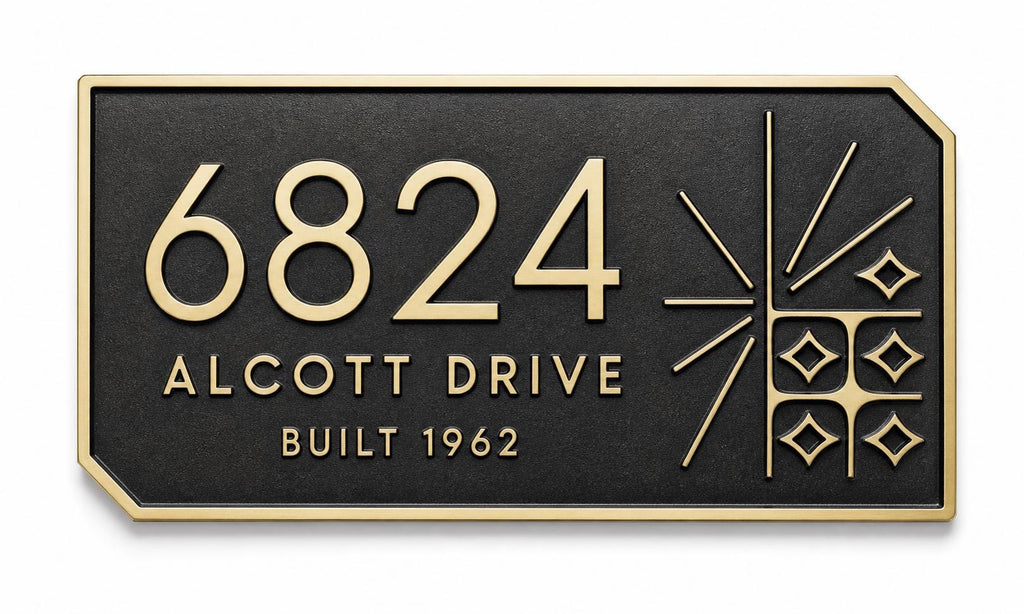 Personalised Mid Century Modern Address Plaque | Custom Metal House Number | Antique Brass Wall Name Plate