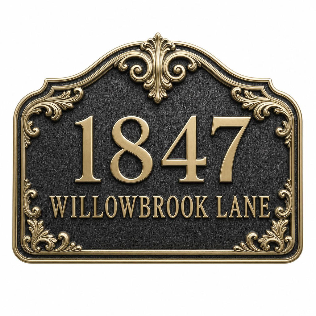 Personalized Address Plaque – Antique Brass Acanthus Scroll Crest