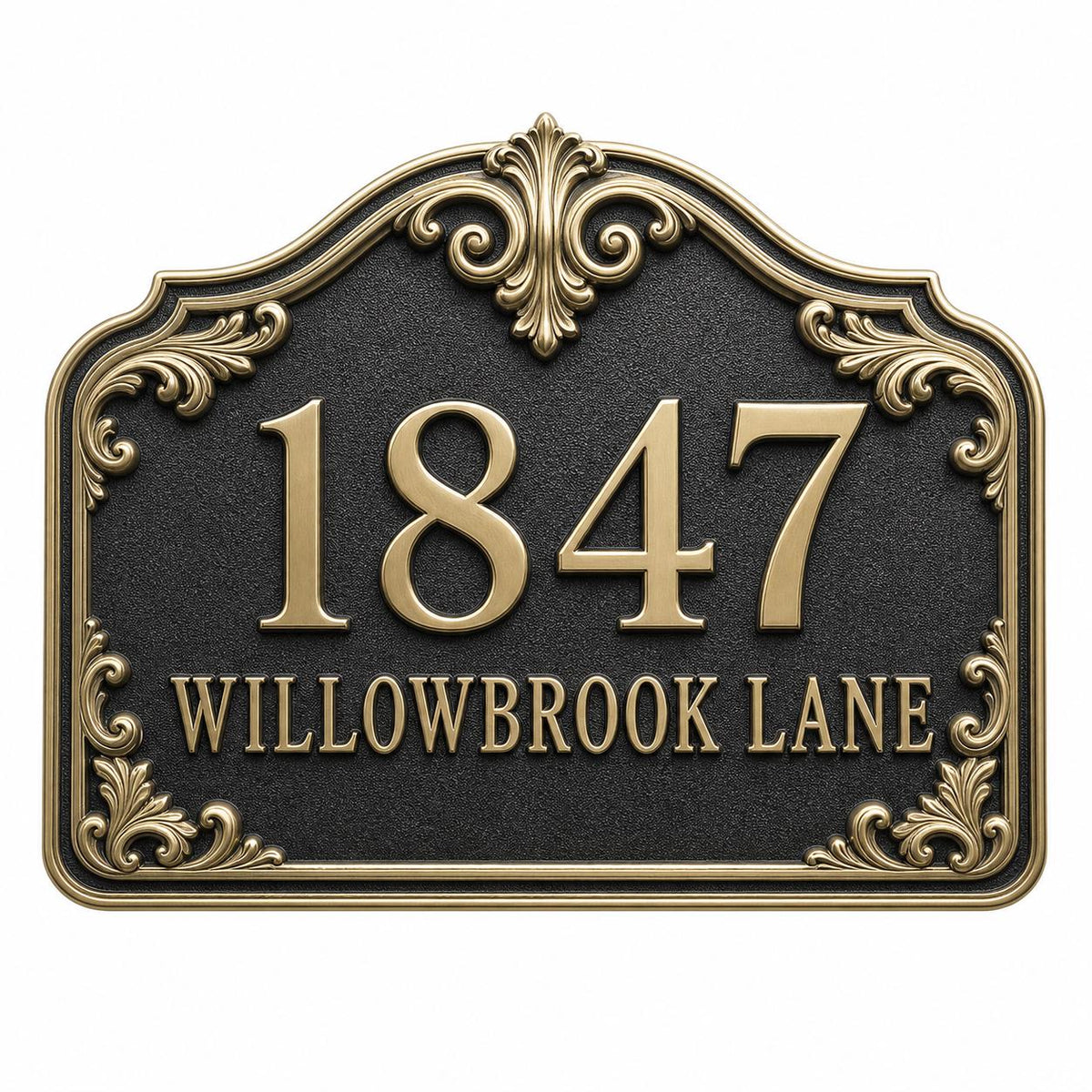Personalized Address Plaque – Antique Brass Acanthus Scroll Crest