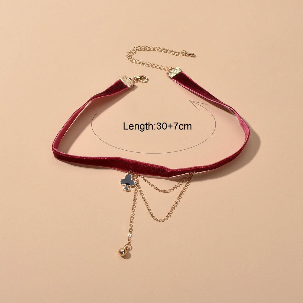 Retro Winered Poker Charm Gold Chain Velvet Tattoo Choker Short Necklace Collar