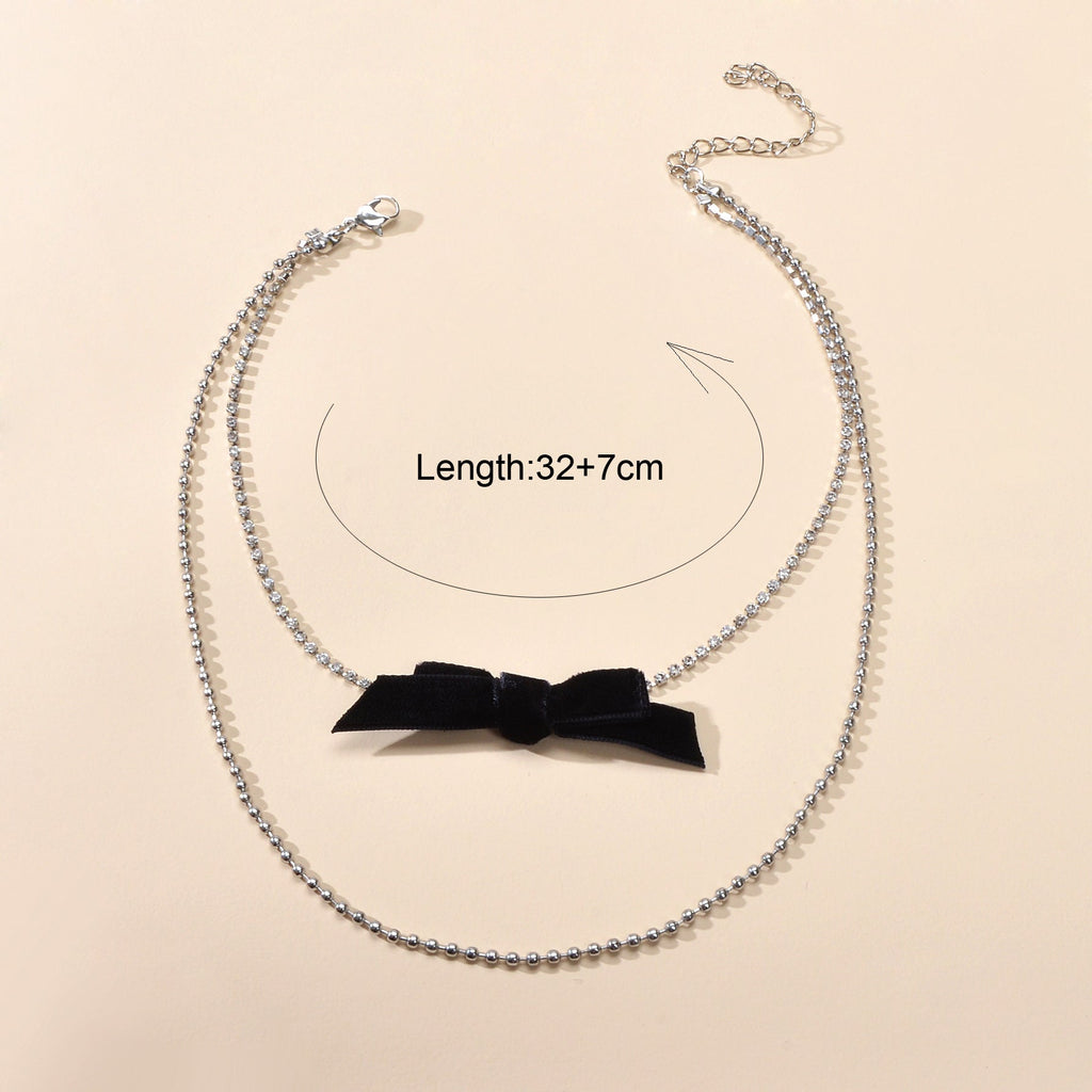 Retro Rhinestone Double layer Popcorn Silver Chain Black Velvet Bowknot Necklace