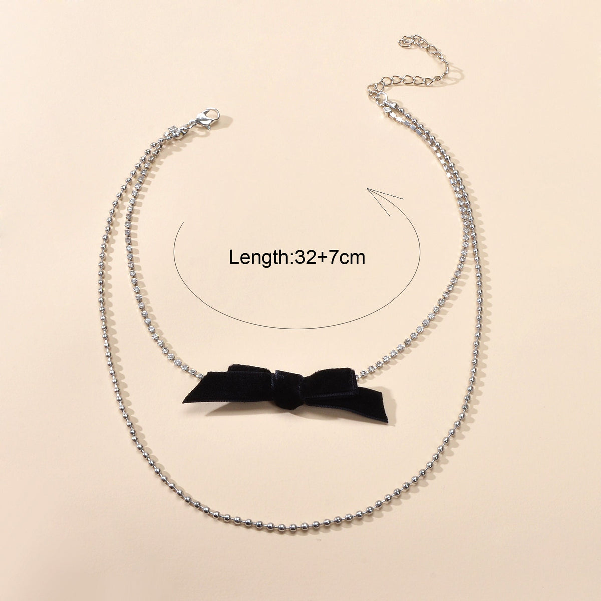 Retro Rhinestone Double layer Popcorn Silver Chain Black Velvet Bowknot Necklace