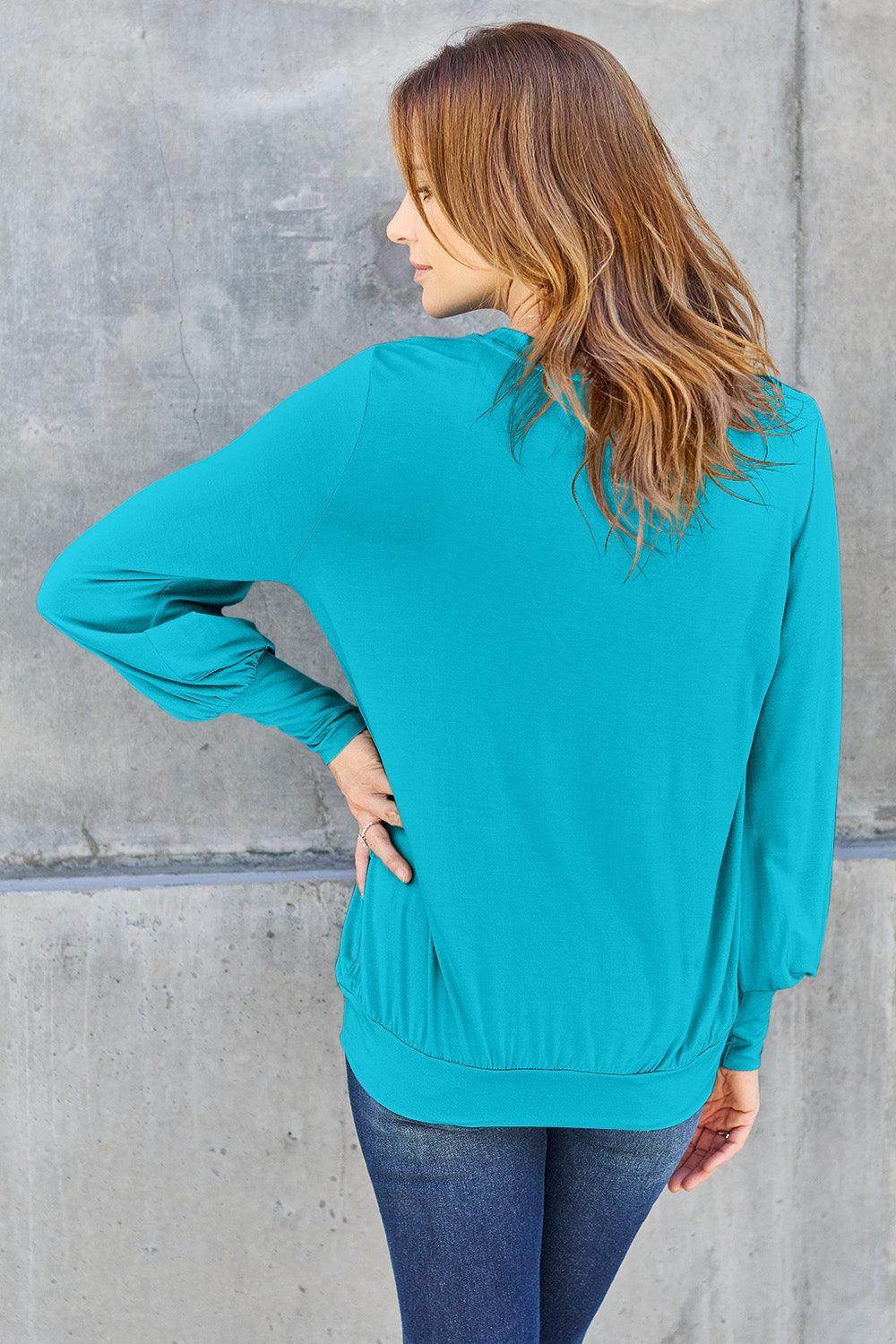 Basic Bae Full Size V-Neck Lantern Sleeve Top for Women - n/a at Dealshubindia
