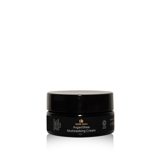Terre Verdi ArganShea multitasking cream jar, black lid and compact cream container