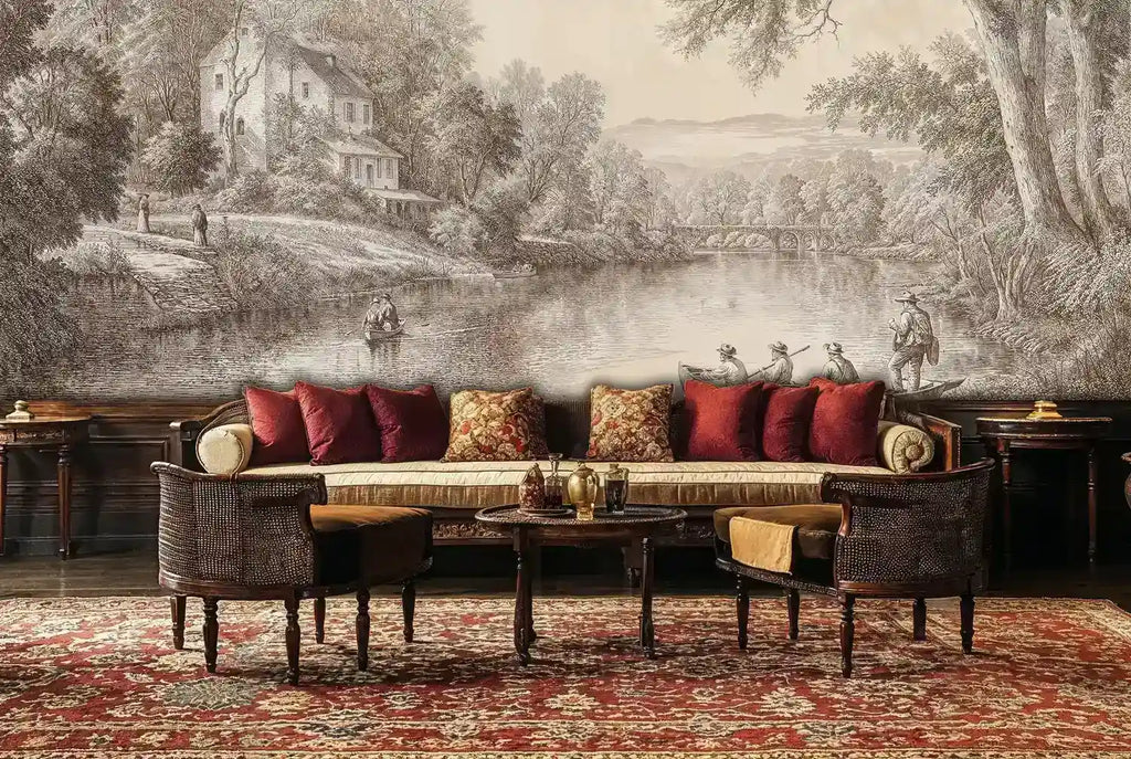 Pastoral River Landscape Wall Mural in Beige and Brown-4