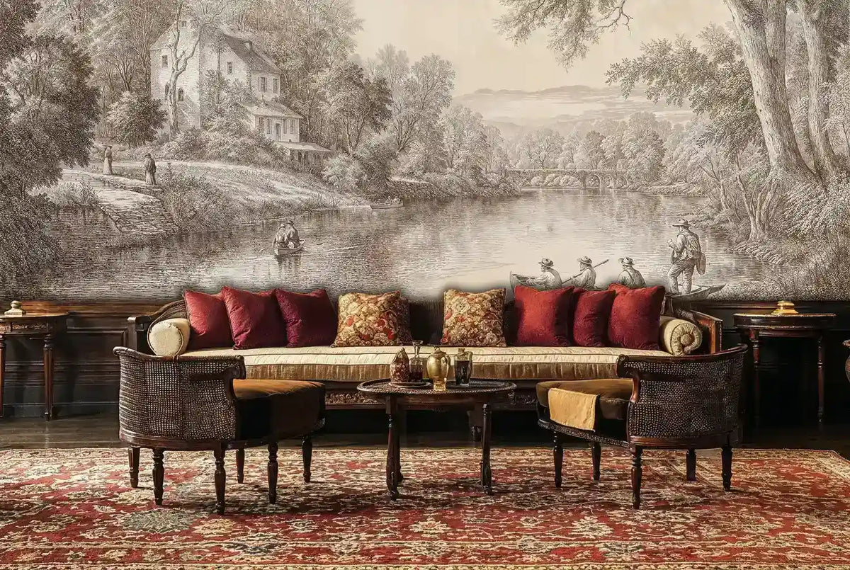 Pastoral River Landscape Wall Mural in Beige and Brown-4