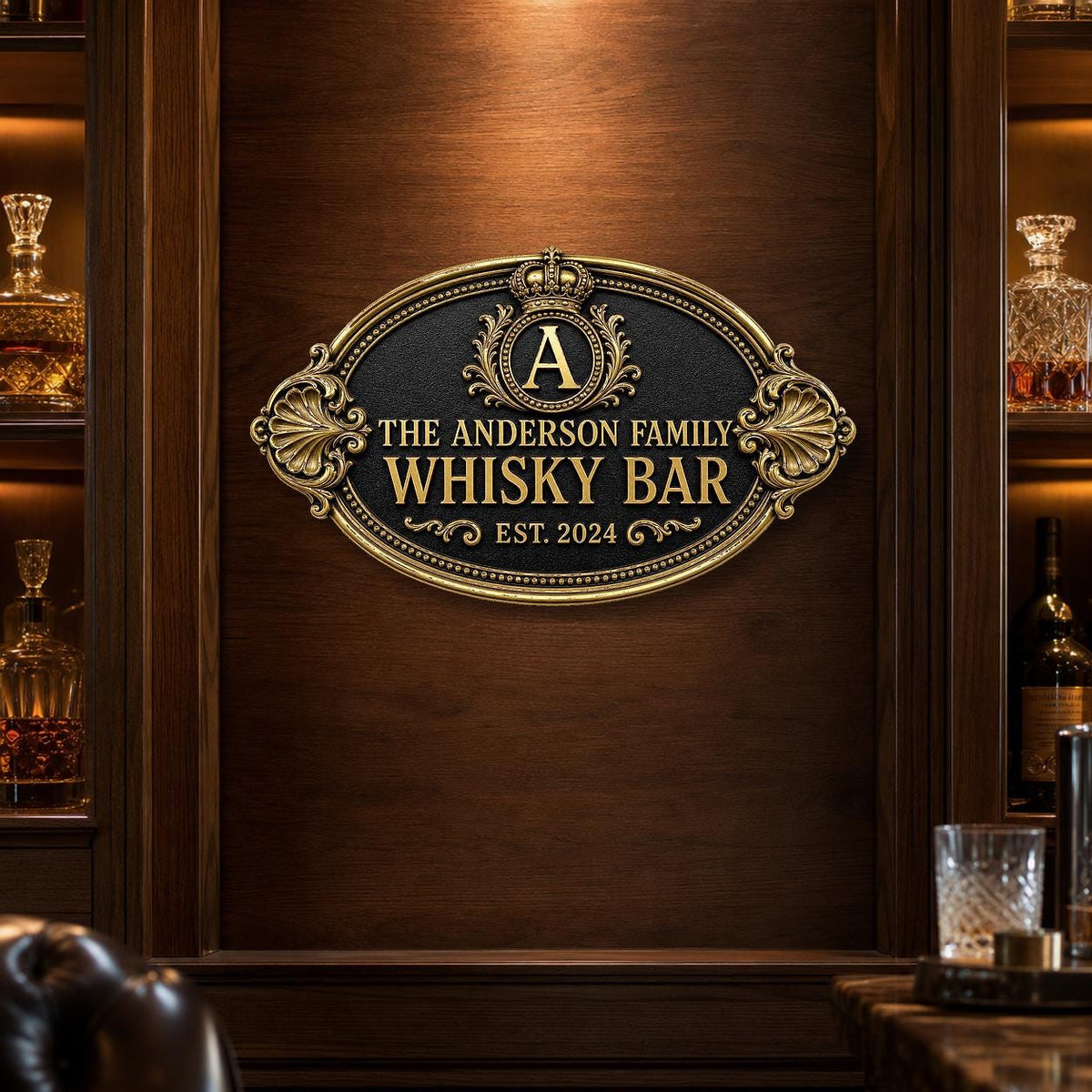 Personalized Home Bar Sign – Antique Brass Crown, Oval