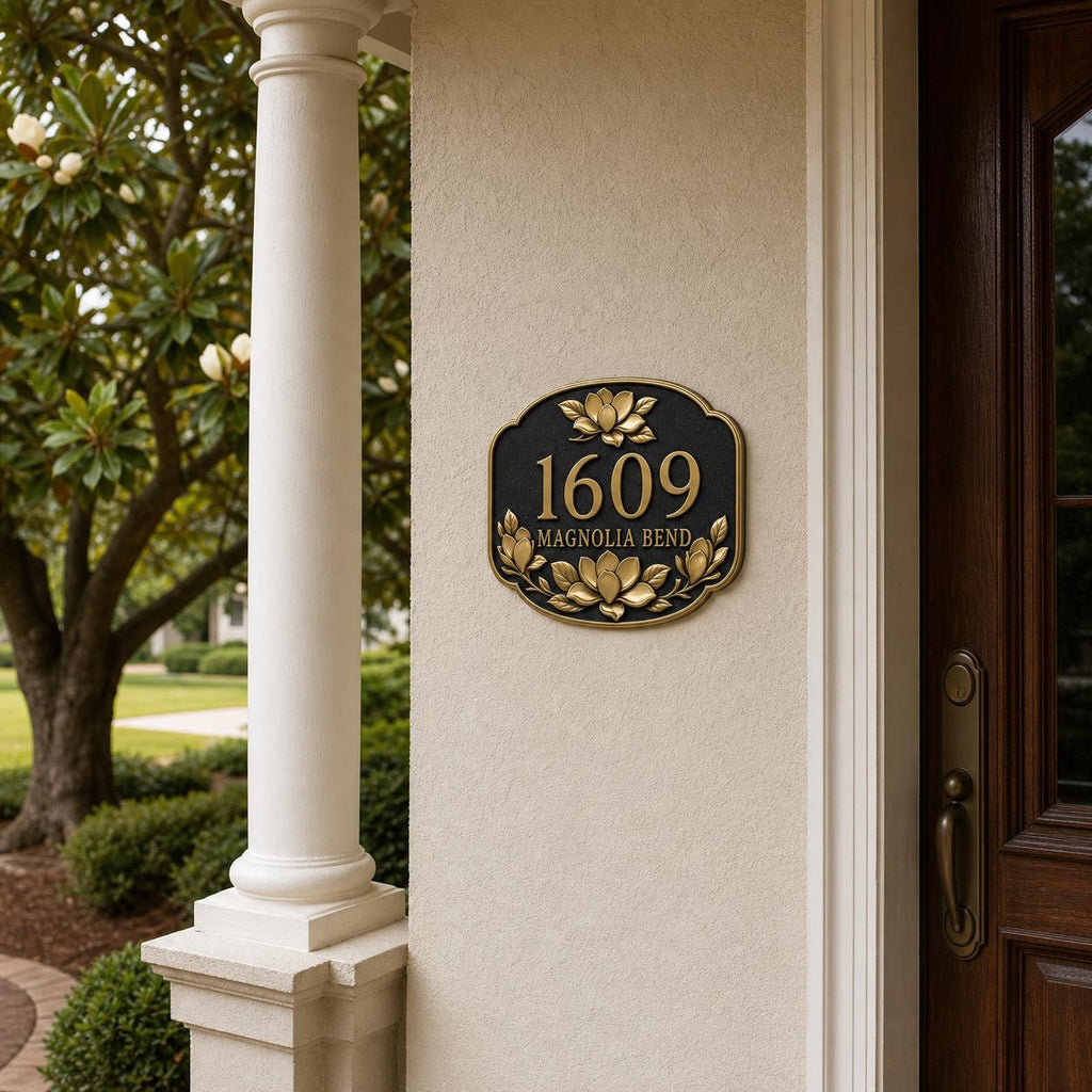Personalized Address Plaque – Antique Brass Magnolia Bloom