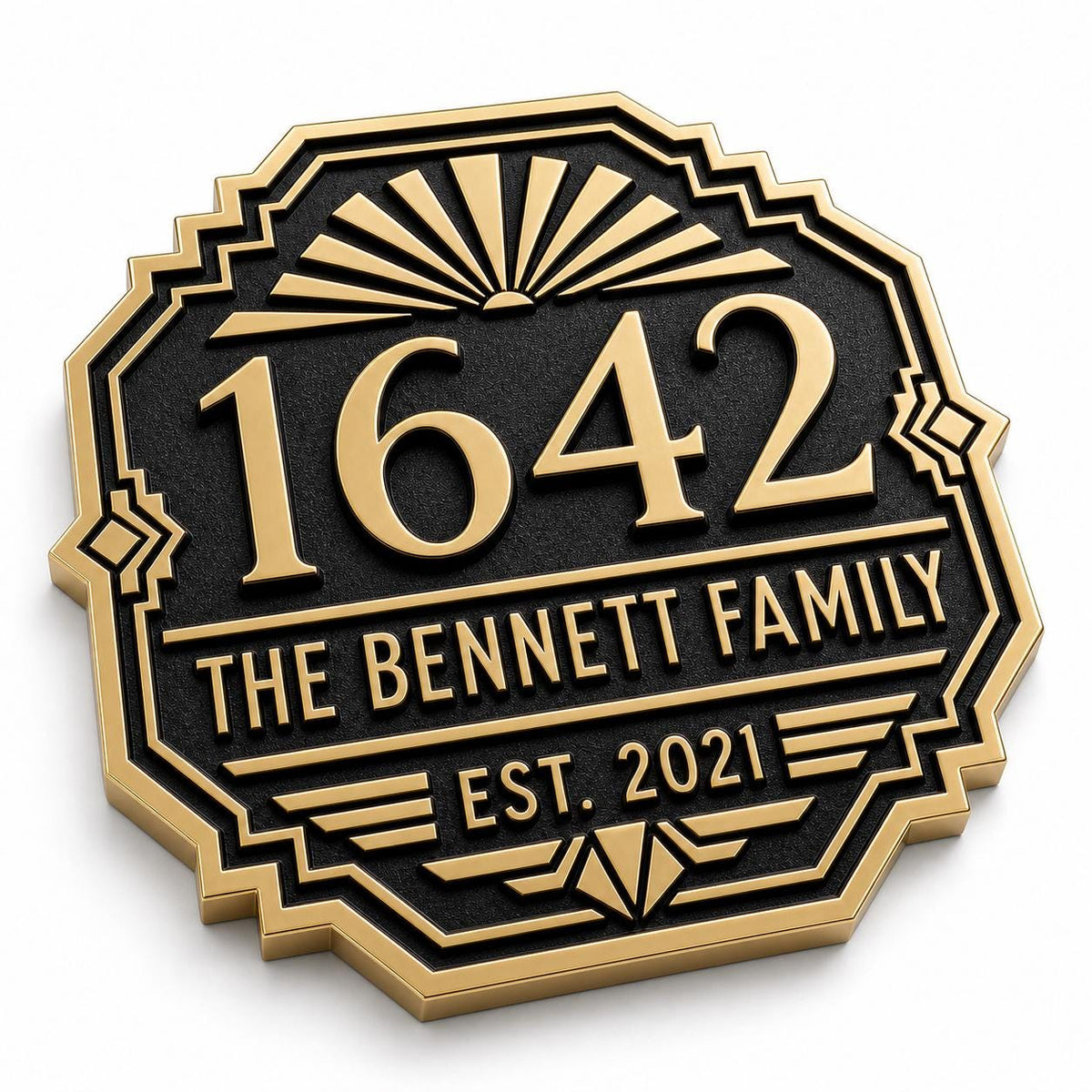 Personalized Address Plaque – Antique Brass Art Deco Sunburst