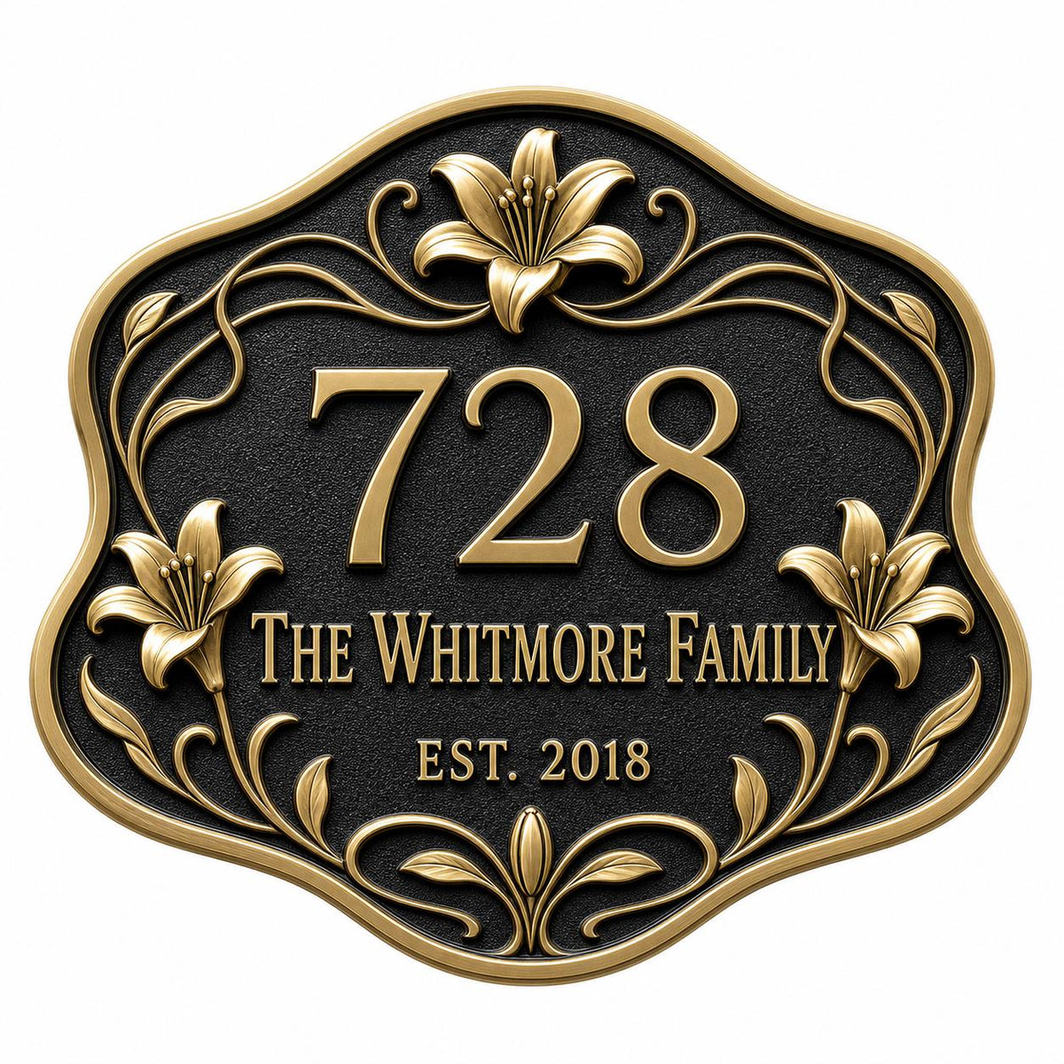 Personalized Address Plaque – Antique Brass Lily and Vine