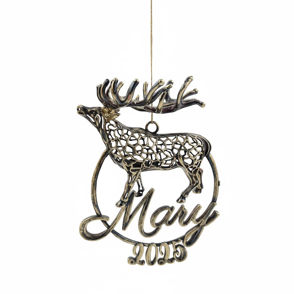 Personalized Reindeer christmas ornament | metallic tree decoration in gold, silver or antique | set of 2 or 4