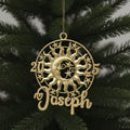 Personalized sun and moon christmas ornament set | metallic holiday decor in gold, silver or antique | set of 2 or 4