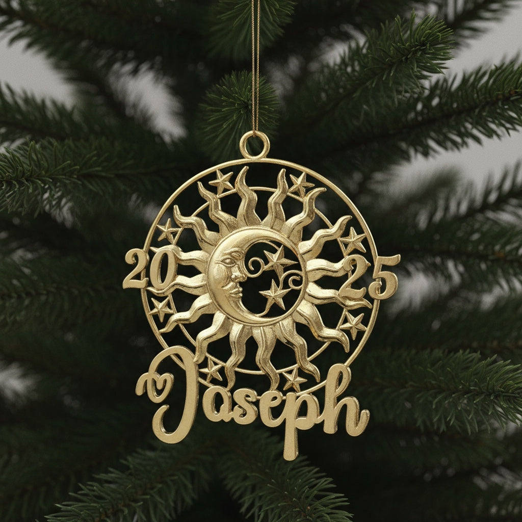 Personalized sun and moon christmas ornament set | metallic holiday decor in gold, silver or antique | set of 2 or 4