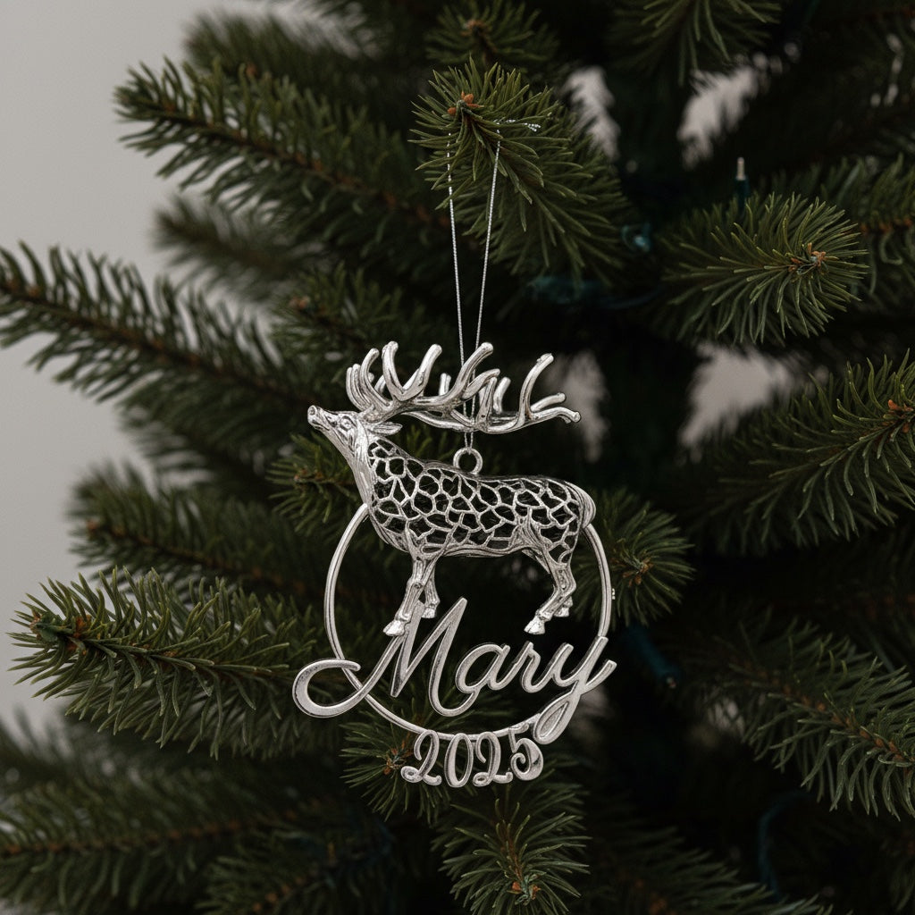Personalized Reindeer christmas ornament | metallic tree decoration in gold, silver or antique | set of 2 or 4