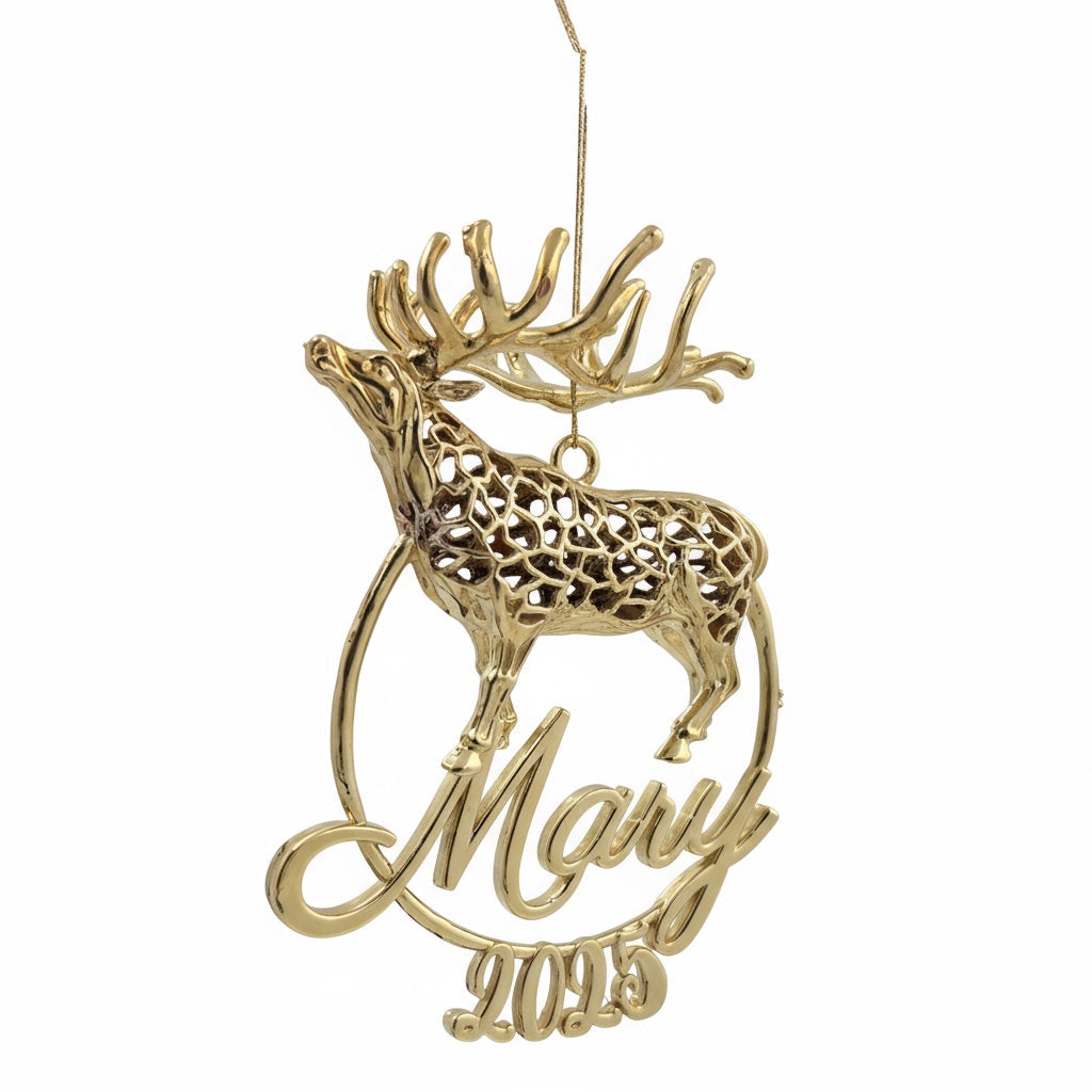 Personalized Reindeer christmas ornament | metallic tree decoration in gold, silver or antique | set of 2 or 4