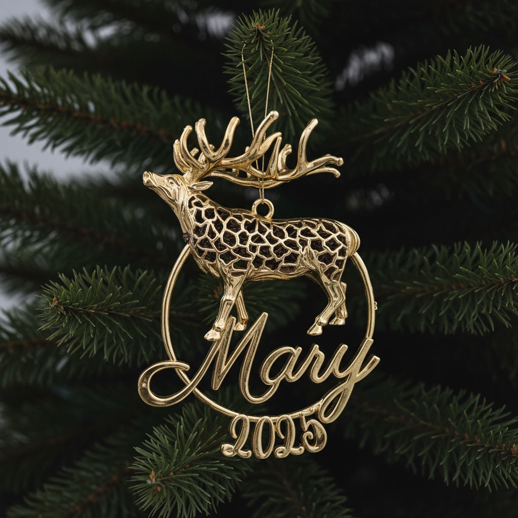 Personalized Reindeer christmas ornament | metallic tree decoration in gold, silver or antique | set of 2 or 4