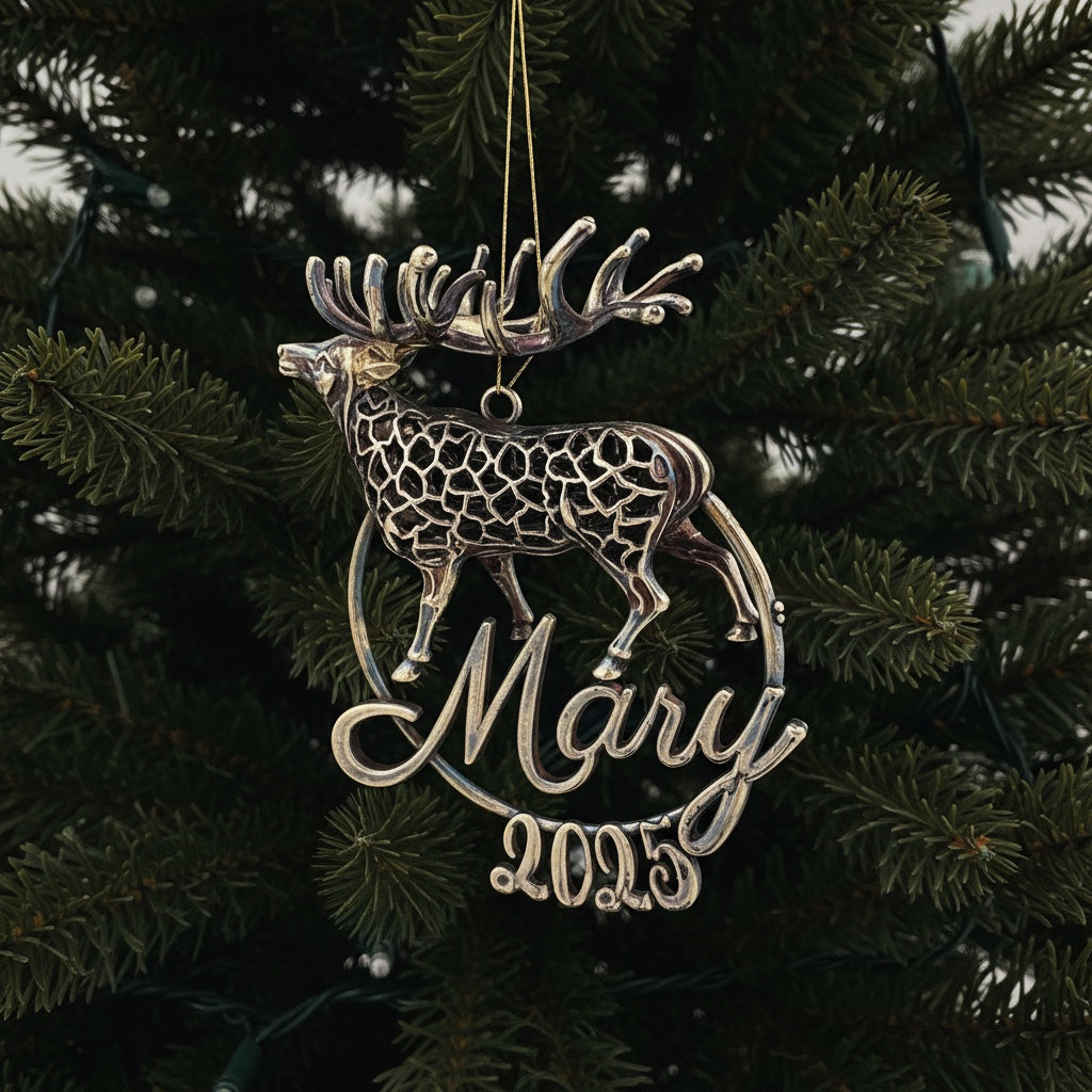 Personalized Reindeer christmas ornament | metallic tree decoration in gold, silver or antique | set of 2 or 4