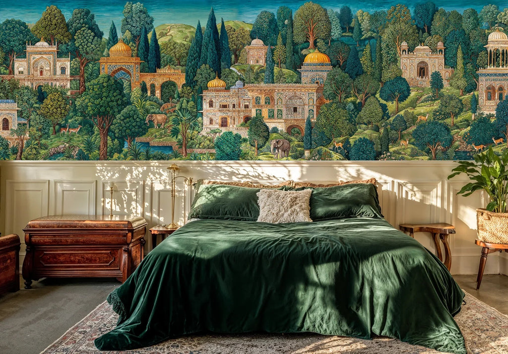 Wall mural landscape with colorful domed buildings and dense forest greenery