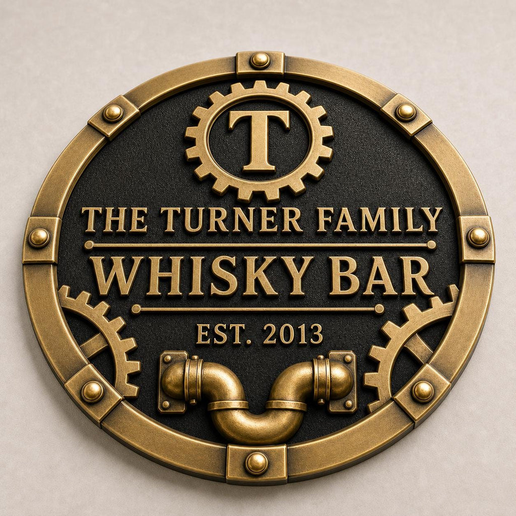 Personalized Home Bar Sign – Antique Brass Gear and Pipe, Round