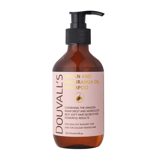 Amber shampoo bottle with black pump; Argan and Ungurahua oil label