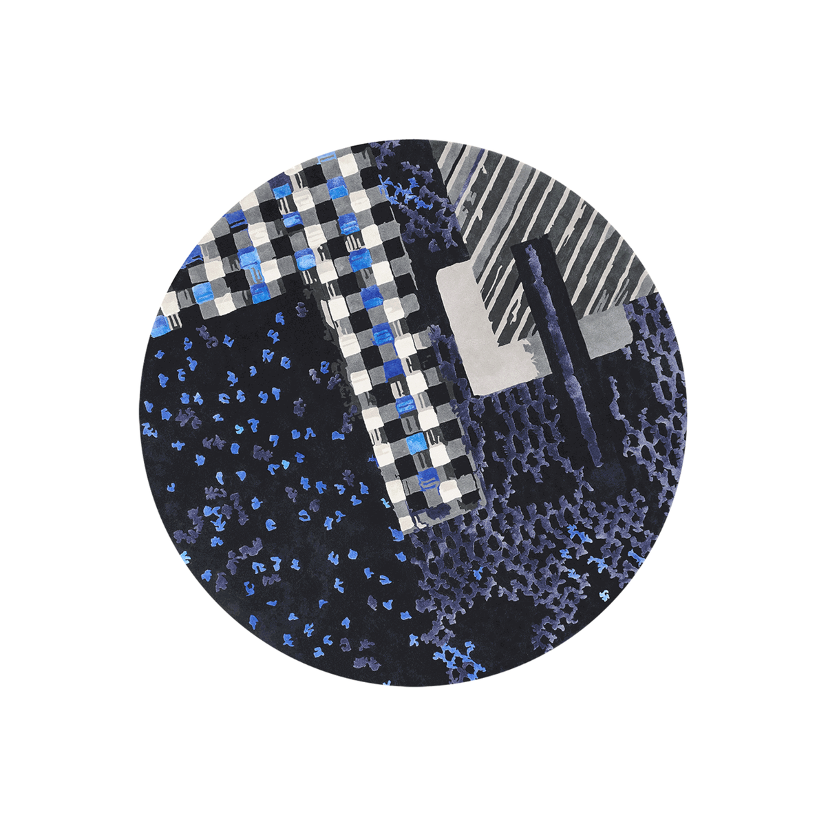 Hand Tufted Checkerboard Collage Round Wool Rug | Navy, Cobalt & Grey | Dreama by Rugfine