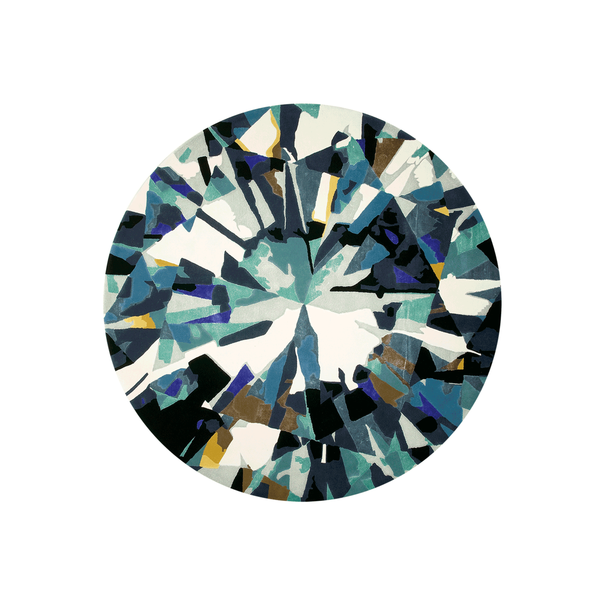 Round wool rug, radial diamond-facet motif with teal, navy, and ivory sections