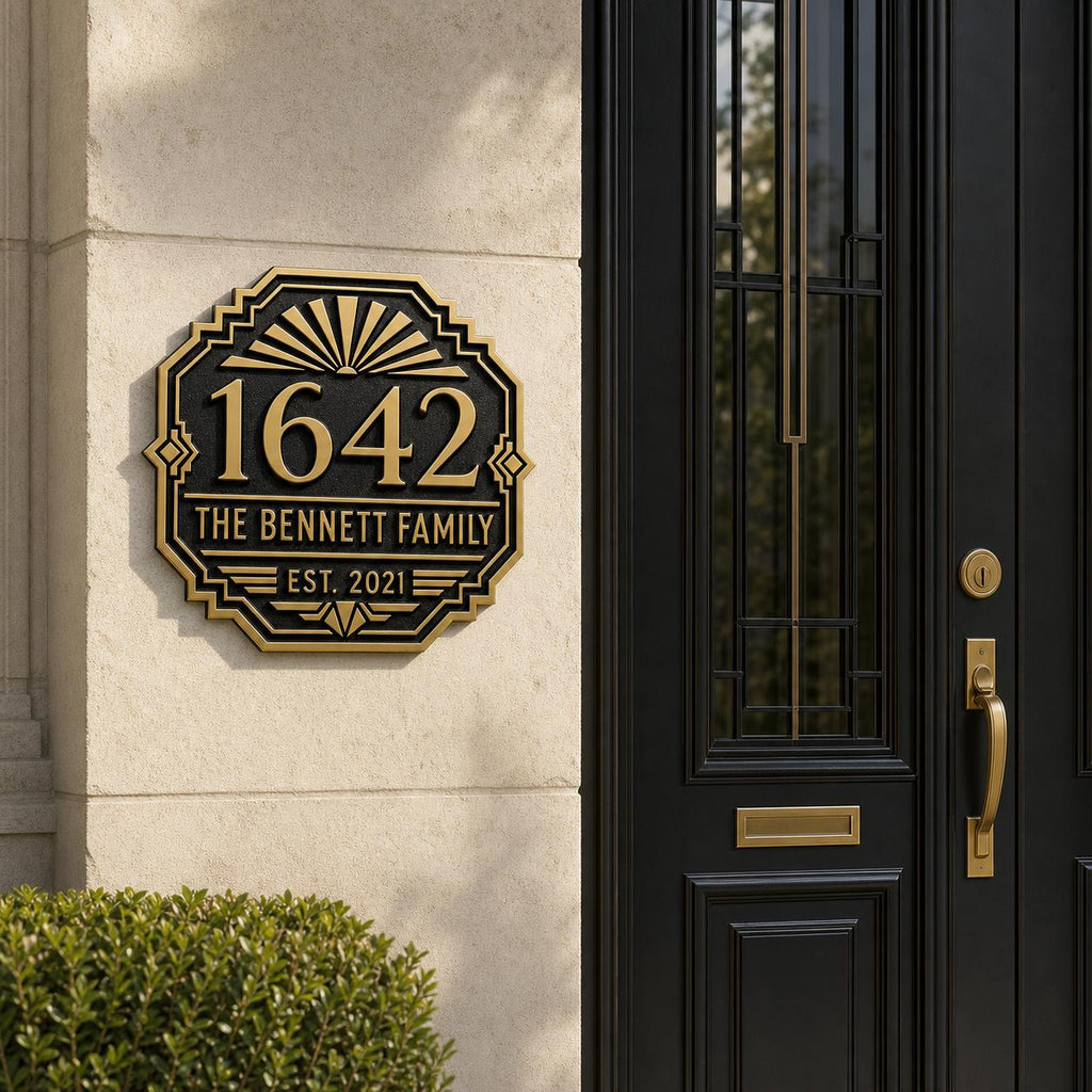 Personalized Address Plaque – Antique Brass Art Deco Sunburst
