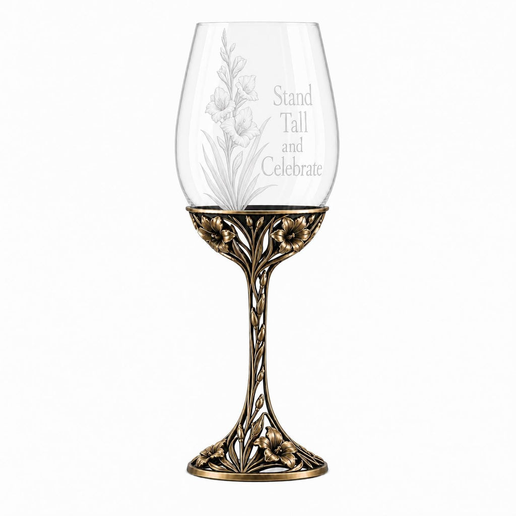 August Gladiolus Wine Glass, Personalised Birth Flower, Openwork Brass Stem, Custom Etched Gift