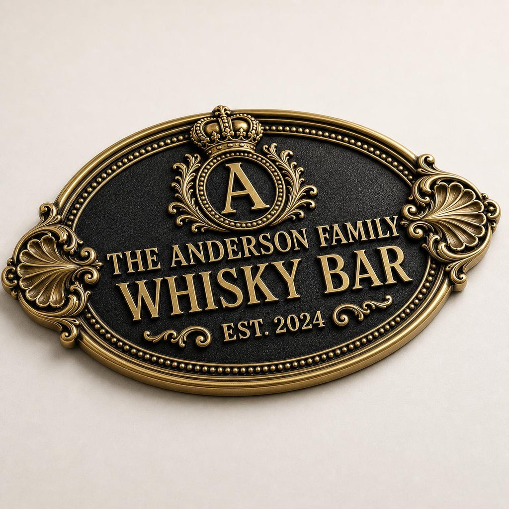 Personalized Home Bar Sign – Antique Brass Crown, Oval