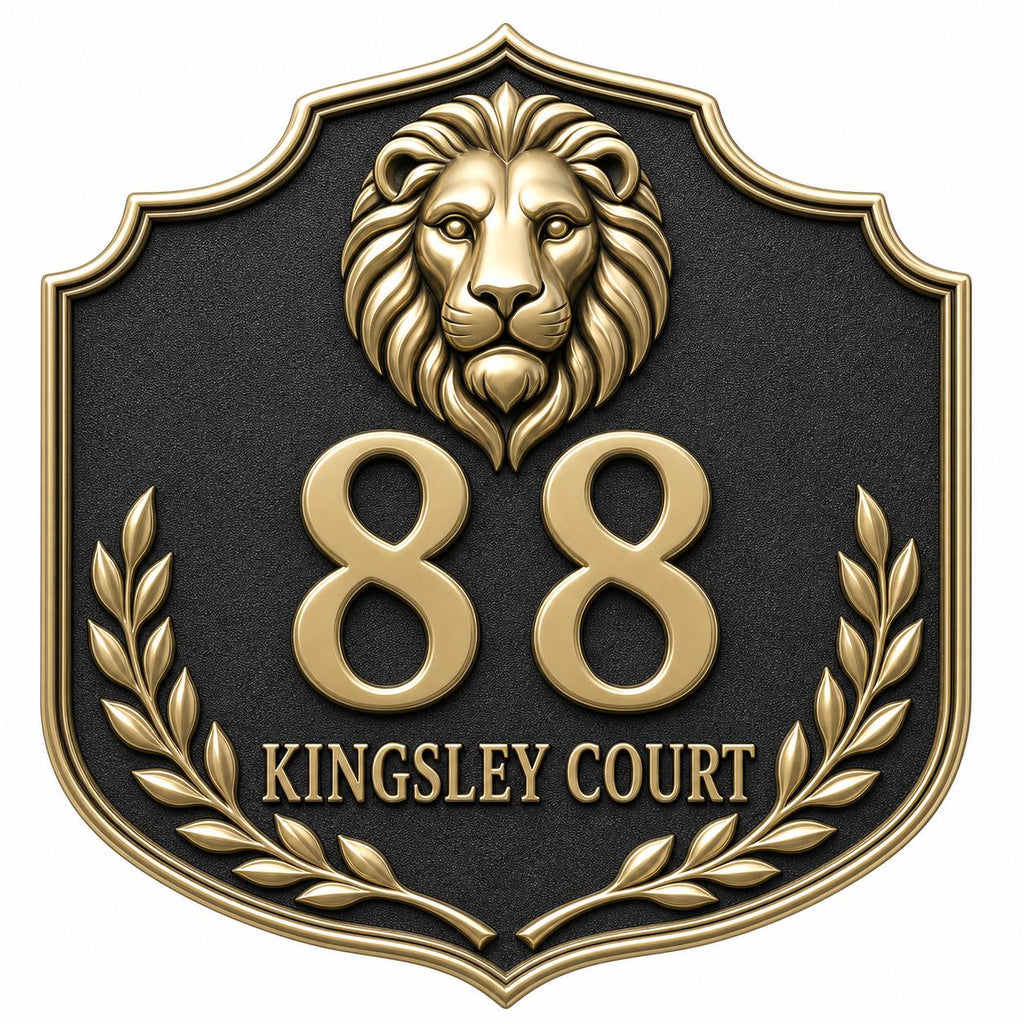 Lion Crest Shield Address Plaque in Antique Brass