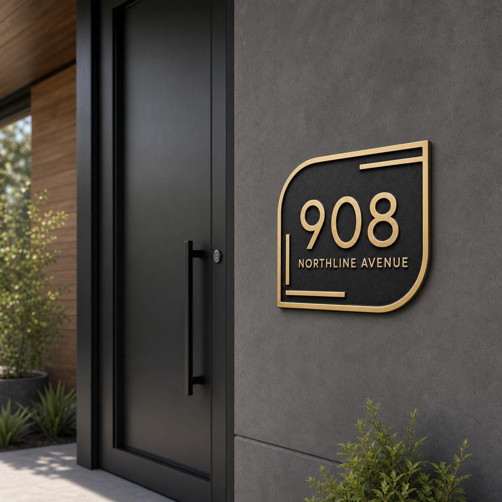 Personalized Address Plaque – Antique Brass Modern Asymmetric